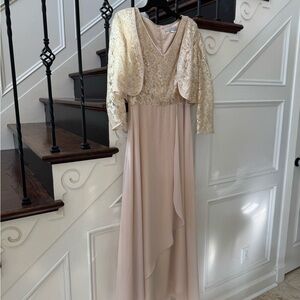 Tahari Beige Lace Dress with Shimmering Details